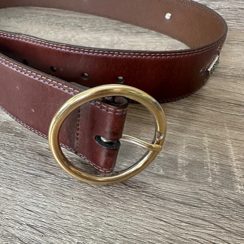 Brighton Womens Brown Leather Belt Turquoise Concho Gold Buckle Size L 34 B20415